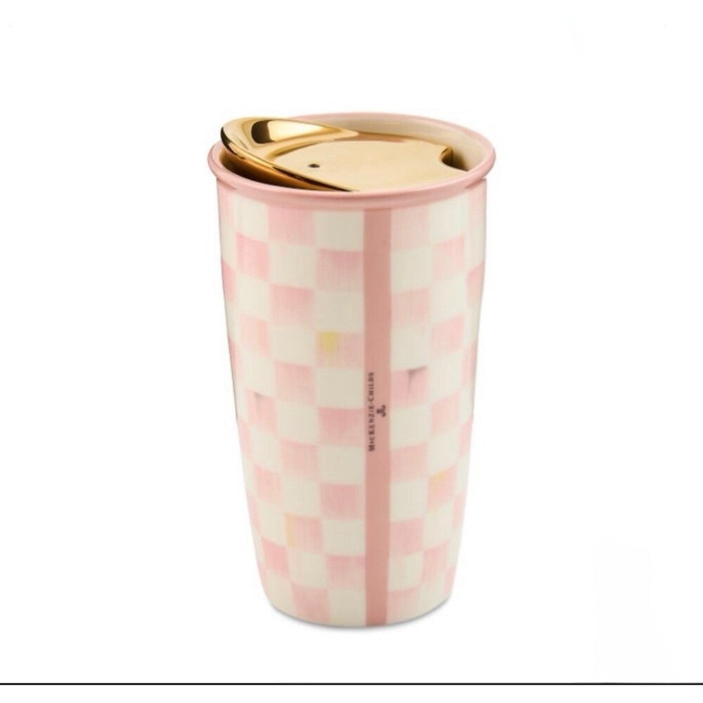 Mackenzie Child Rosy Check Pink and White Ceramic Travel Cup New Gift